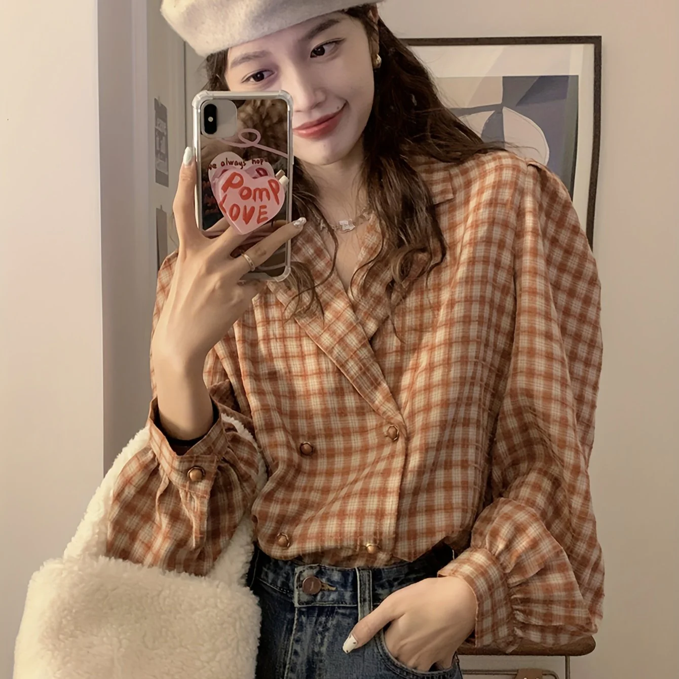 deanwangkt Plaid Print Double-breasted Blouse, Elegant Puff Sleeve Notch Collar Blouse, Women's Clothing - Deanwangkt