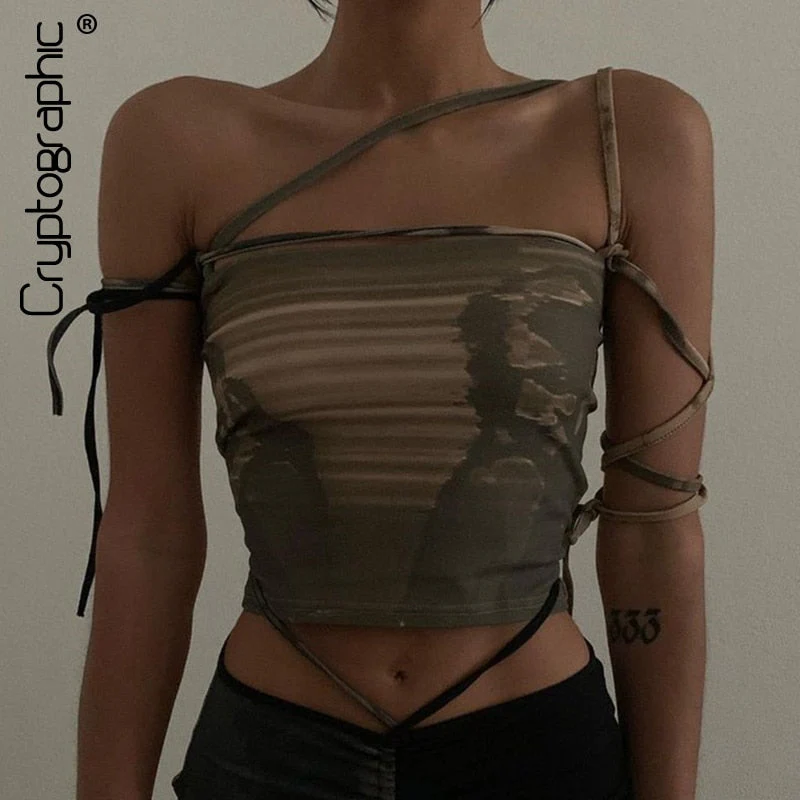 deanwangkt Fashion Print Sleeveless Crop Tops for Women Bandage Sexy Backless Tie Up Halter Top Female Cropped Top Summer - Deanwangkt