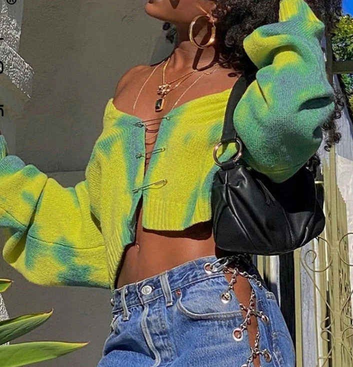 deanwangkt Cryptographic Fall Girls Green Oversized Cardigan Crop Top Sweater Knitted Cute Long Sleeve Pins Sweaters Tie Dye Cartigans - Deanwangkt
