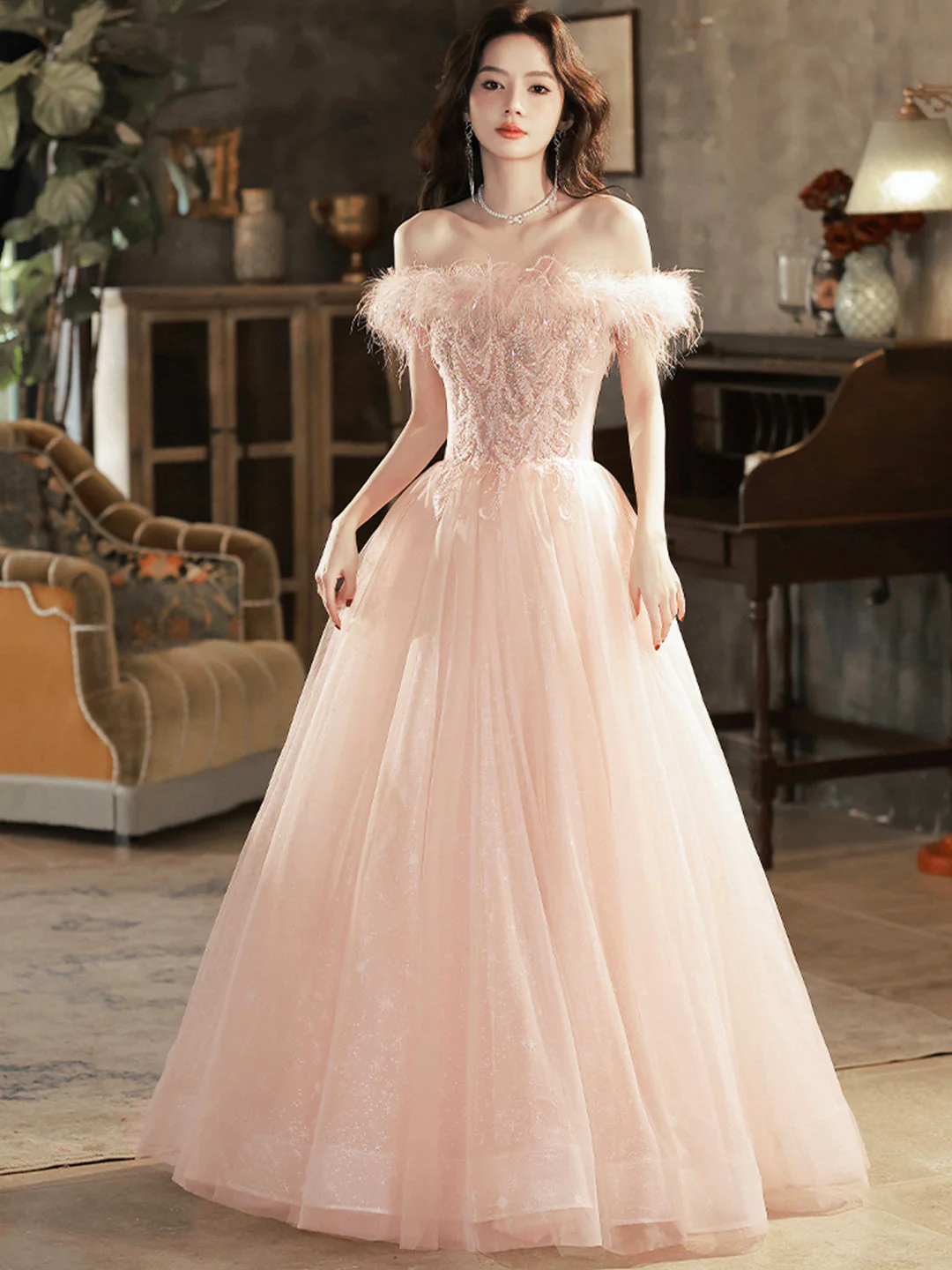 solvbao Pink Tulle Lace Long Prom Dress with Feathers, Off Shoulder Pink Evening Dress - Deanwangkt