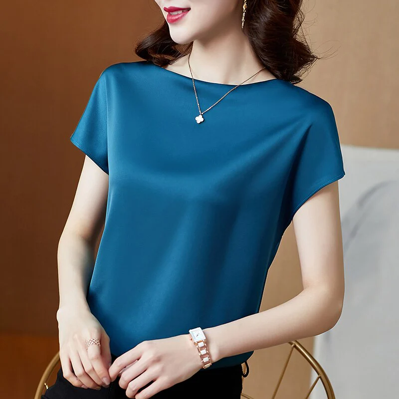 Graduation Gifts  Office Lady Tops Summer Short Sleeve Blouses Satin Blouse Women Shirts Fashion Simple Solid Plus Size Loose Shirt Blusas - Deanwangkt