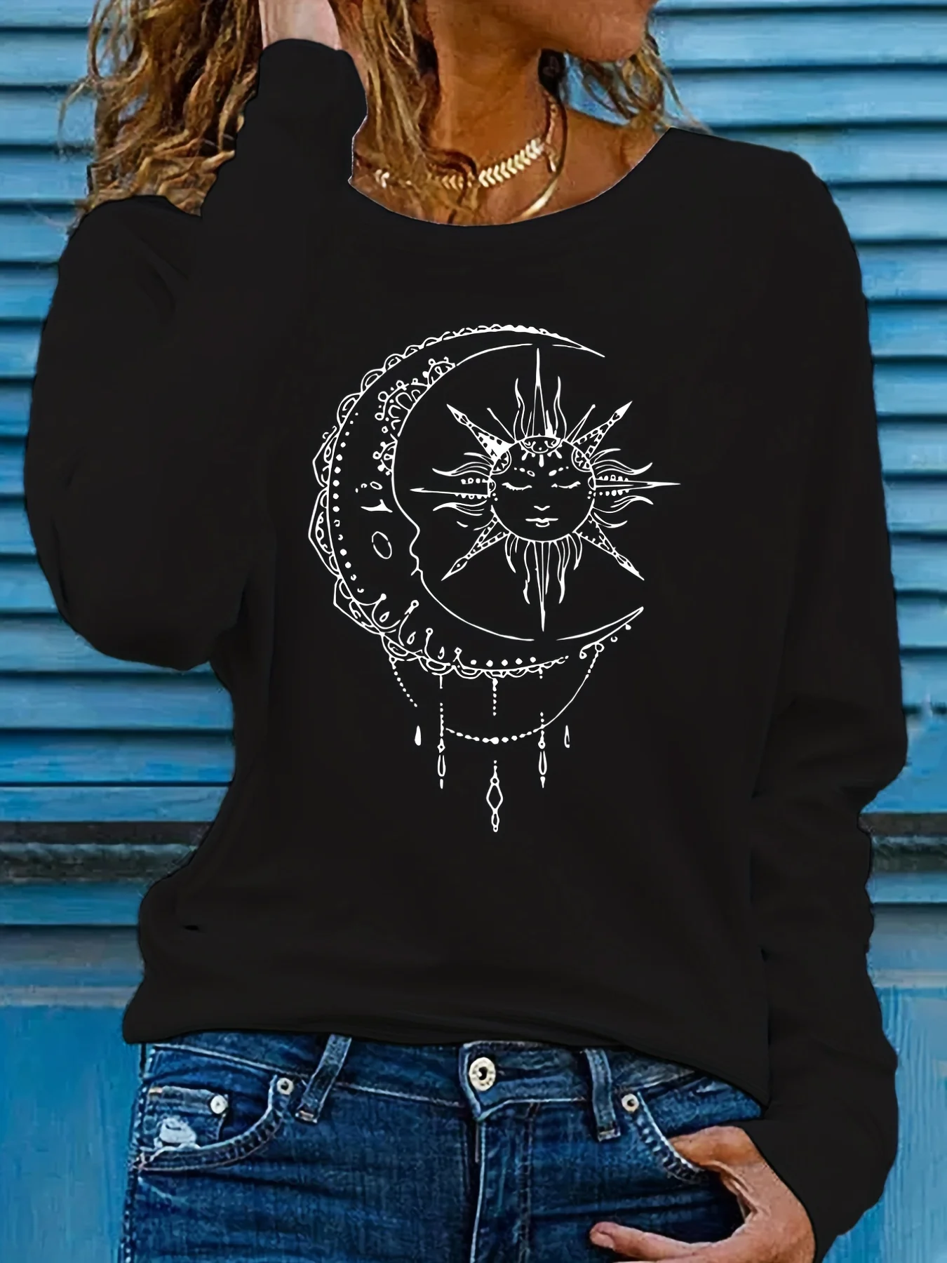 deanwangkt  Sun & Moon Print Crew Neck T-shirt, Casual Long Sleeve T-shirt, Women's Clothing - Deanwangkt