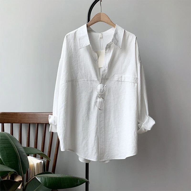 deanwangkt Minimalist Loose White Shirts for Women Turn-down Collar Solid Female Shirts Tops Spring Summer Blouses - Deanwangkt