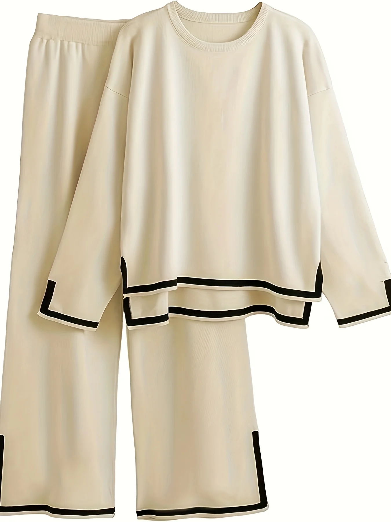 deanwangkt-1  Contrast Trim Two-piece Set, Crew Neck Long Sleeve Top & Elastic Waist Pants Outfits, Women's Clothing - Deanwangkt