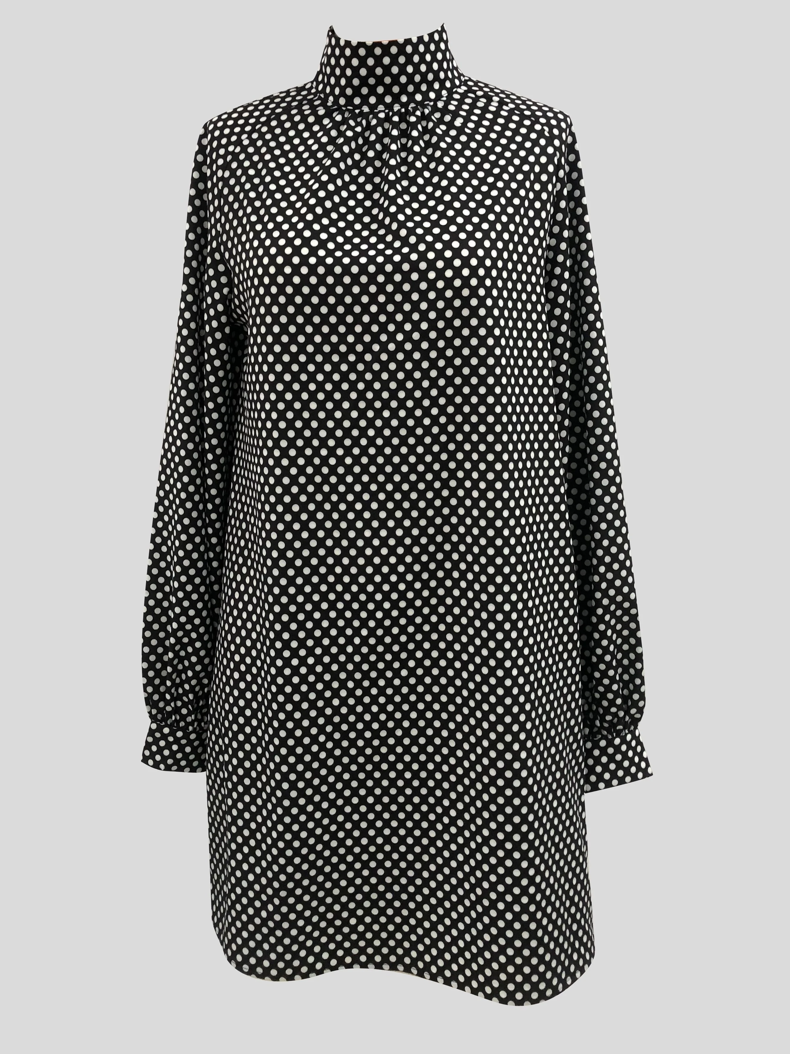 Polka Dot Print Dress, Elegant Tucked Long Sleeve Dress, Women's Clothing - Deanwangkt
