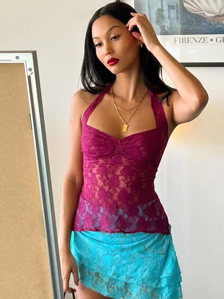 deanwangkt Ladies Sexy Halter Bandage Lace See Through Crop Top For Women Summer Backless Slim Party Tops Vest - Deanwangkt