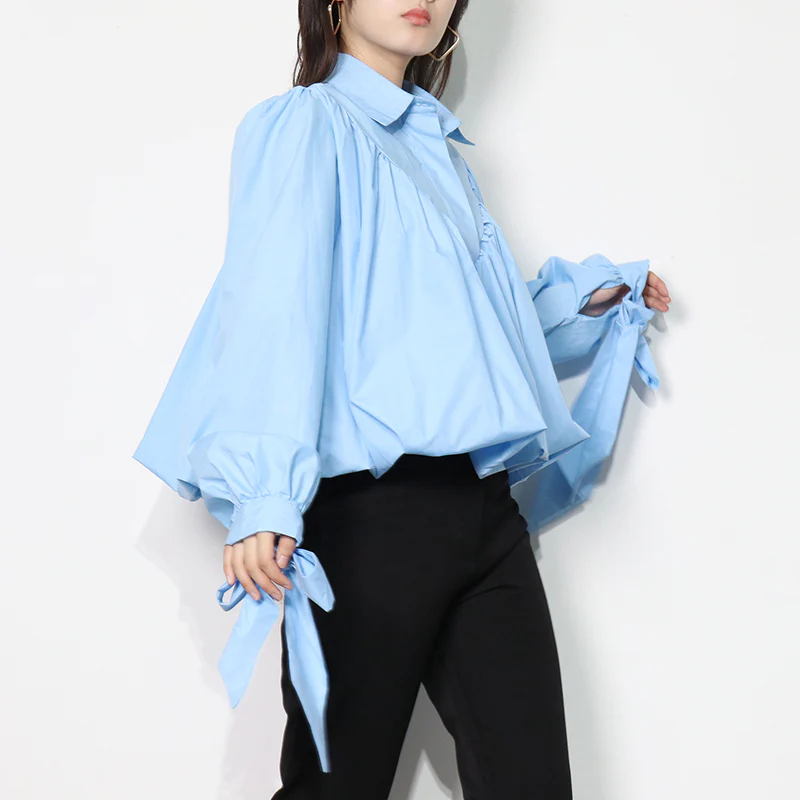 deanwangkt Loose Frill Trim Shirt For Women Lapel Long Sleeve Casual Lace Up Bow Blouse Female Fashion New Clothing Autumn - Deanwangkt