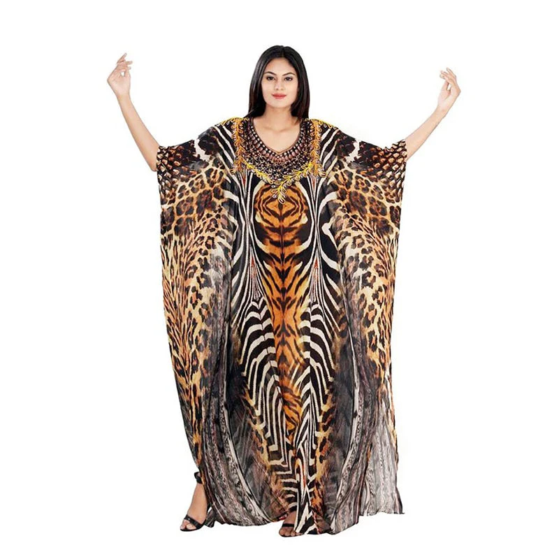 deanwangkt Over Size Chiffon Beach Cover-up Leopard Print Bohemian Dress Pareos Beach Wear Swimsuit Cover Up Maxi Dress Robe De Plage - Deanwangkt
