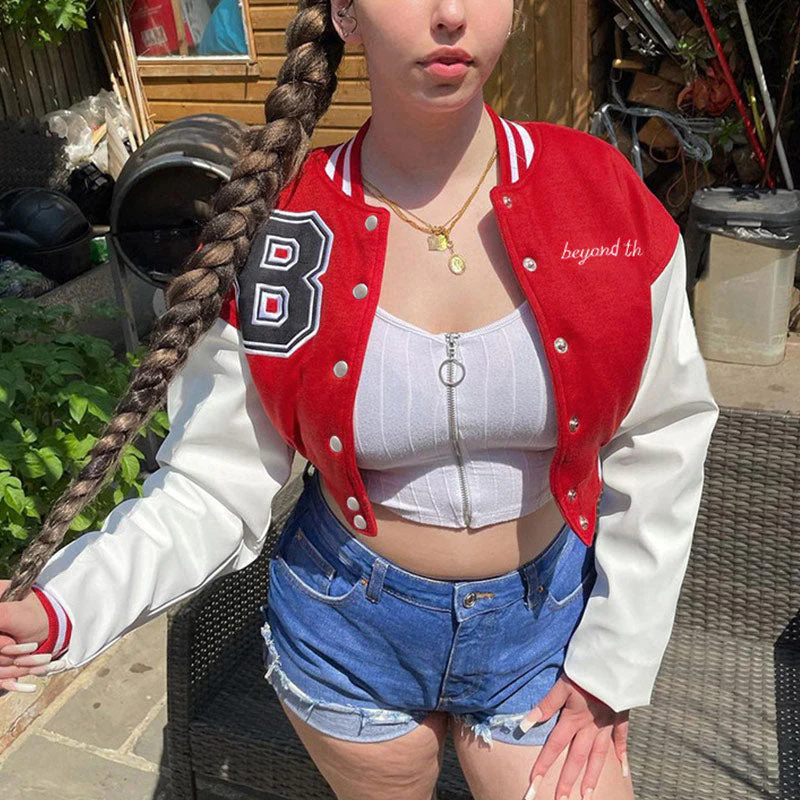 deanwangkt Patchwork Crop Jacket Varsity Women Autumn Winter Casual Oversized Y2k Fashion Baseball Coat - Deanwangkt