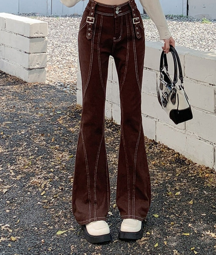 deanwangkt Retro High Waisted Flare Jeans Women Korean Autumn New Y2K High Street Brown Pants Female Buckle Cool Casual Pants S-XL - Deanwangkt