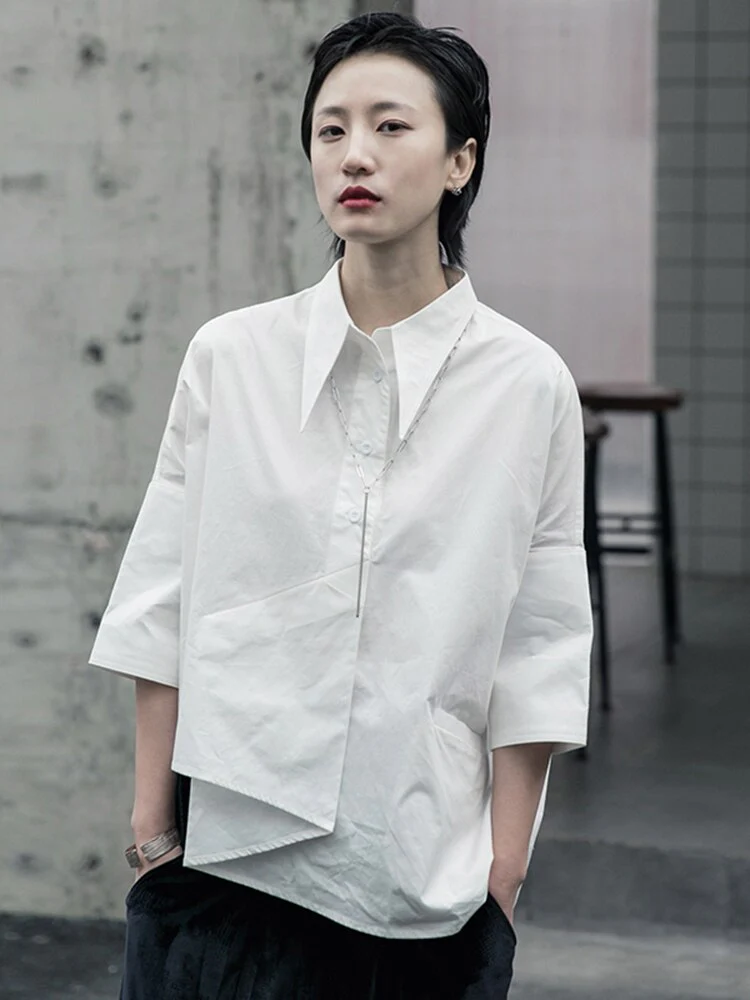 deanwangkt Women White Asymmetrical Big Size Blouse New Lapel Long Sleeve Loose Fit Shirt Fashion Tide Spring Autumn  1R590 - Deanwangkt