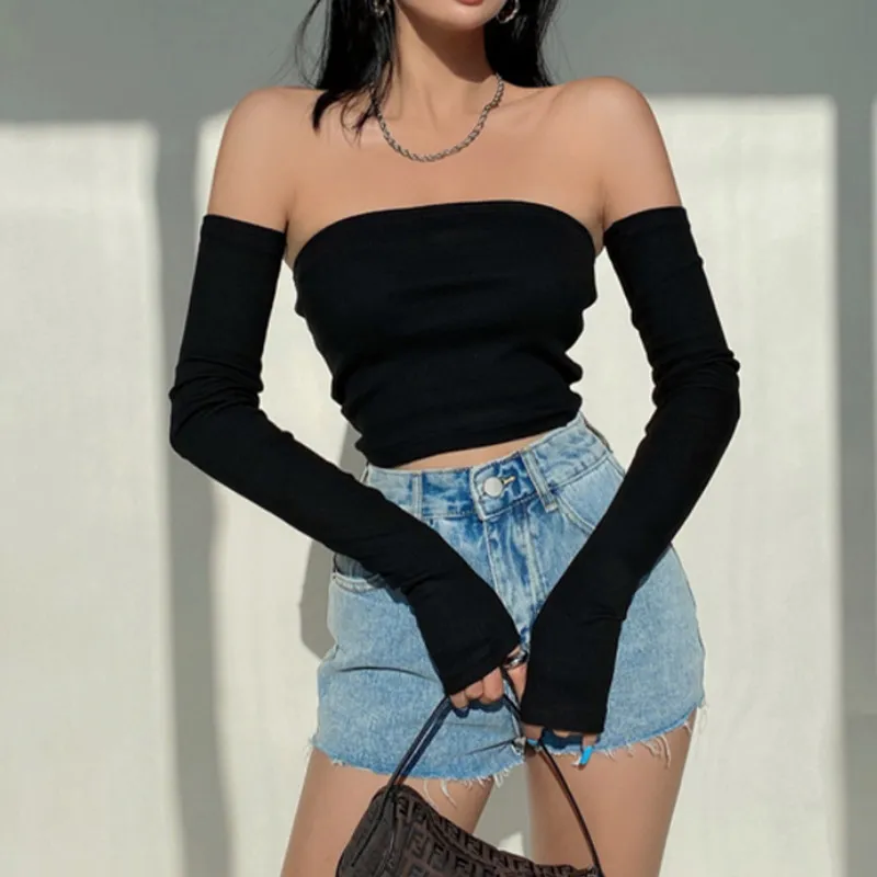 deanwangkt Female Crop Tops T-shirts, Solid Color Boat Neck Off Shoulder Sexy Tops Pullover with Long Sleeves for Summer Club Wear - Deanwangkt