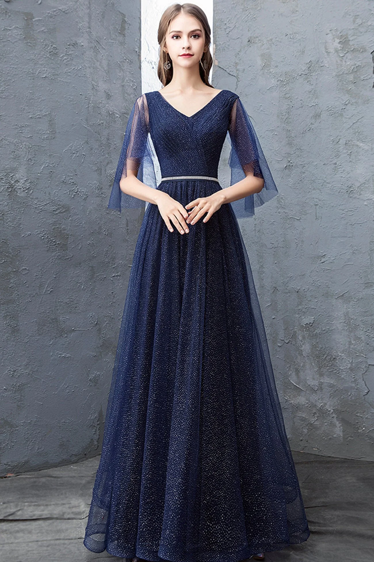 solvbao Blue V-Neck Tulle Long Prom Dresses, A-Line Evening Dresses - Deanwangkt