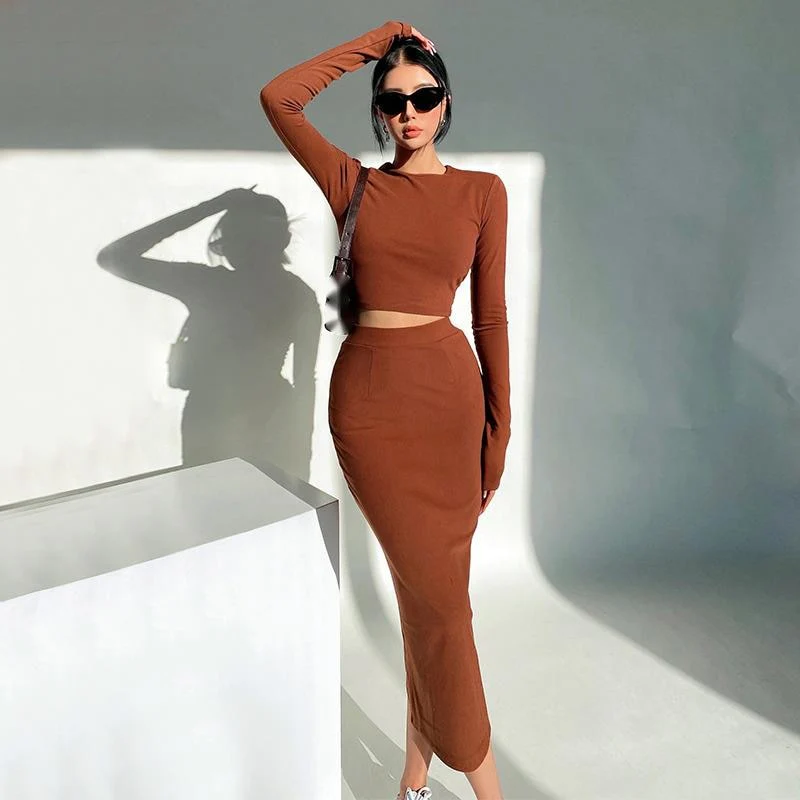 Graduation Gifts  Women long tees tops t shirt Top long Skirt two piece Set Hot Sexy Women Korean Two-piece Suit skirts sets HIEZ - Deanwangkt