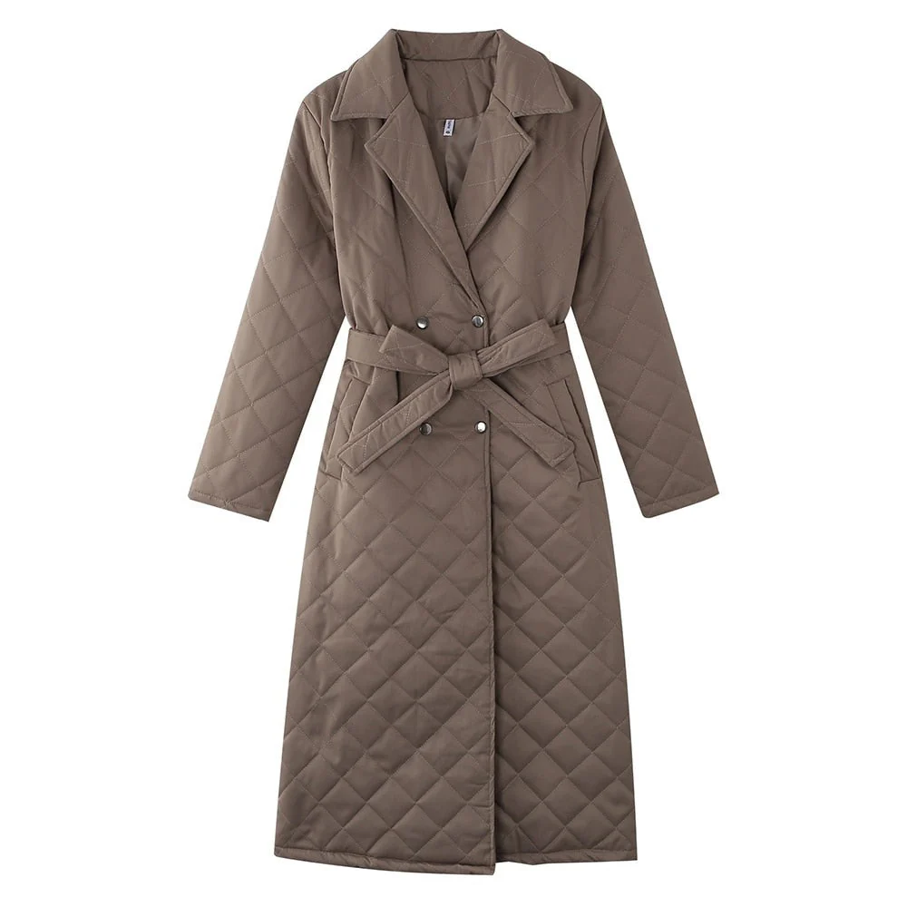 deanwangkt Long Straight Winter Coat With Rhombus Pattern Casual Sashes Women Parkas Deep Pockets Tailored Collar Stylish Outerwear - Deanwangkt