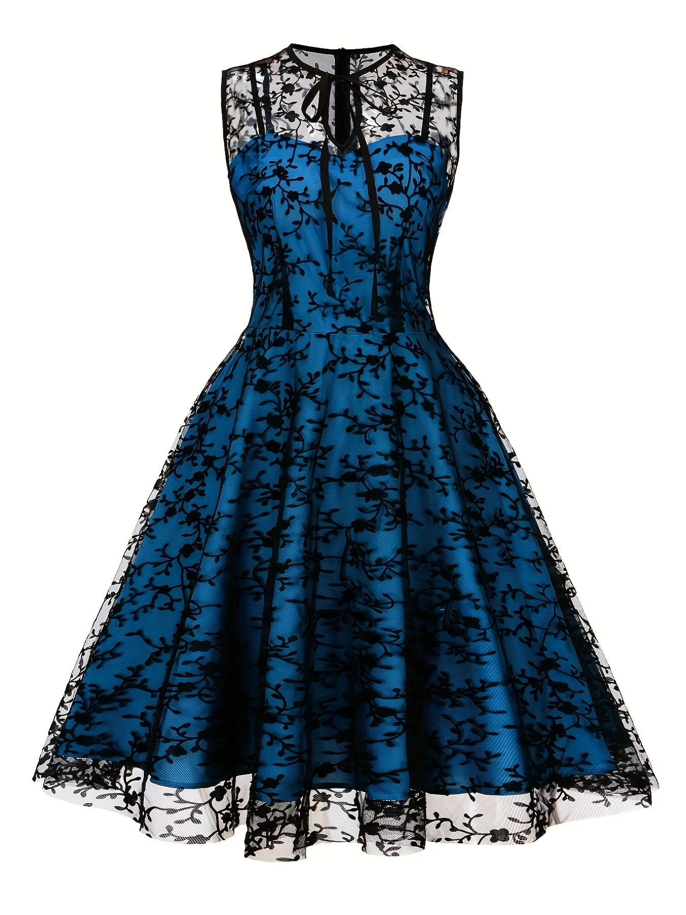 Gothic Contrast Mesh Sleeveless Dress, Elegant Bow Tie Pleated Dress, Women's Clothing - Deanwangkt