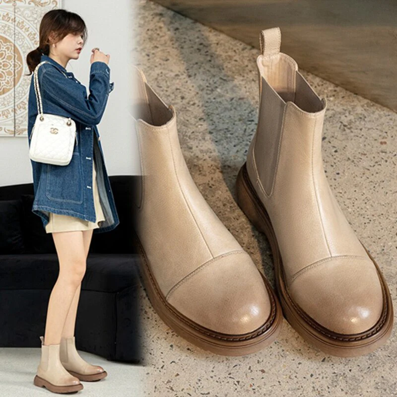 deanwangkt Autumn Boots    New Fall/Winter Women Shoes Flat Shoes Women Split Leather Ankle Boots Round Toe Thick Heel Boots Women Fashion Women Boots - Deanwangkt