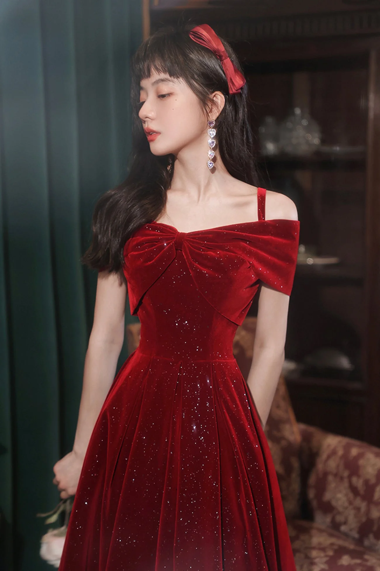 solvbao Burgundy Velvet Off the Shoulder Prom Dress, A-Line Party Dress - Deanwangkt