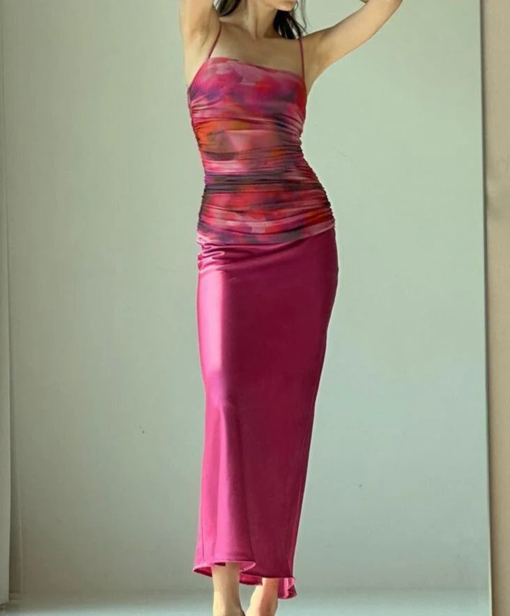 deanwangkt Women Summer Satin Slip Patchwork Mesh Maxi Dress Print Backless Off Shoulder For Women Outfits Beach Holiday Vestido - Deanwangkt