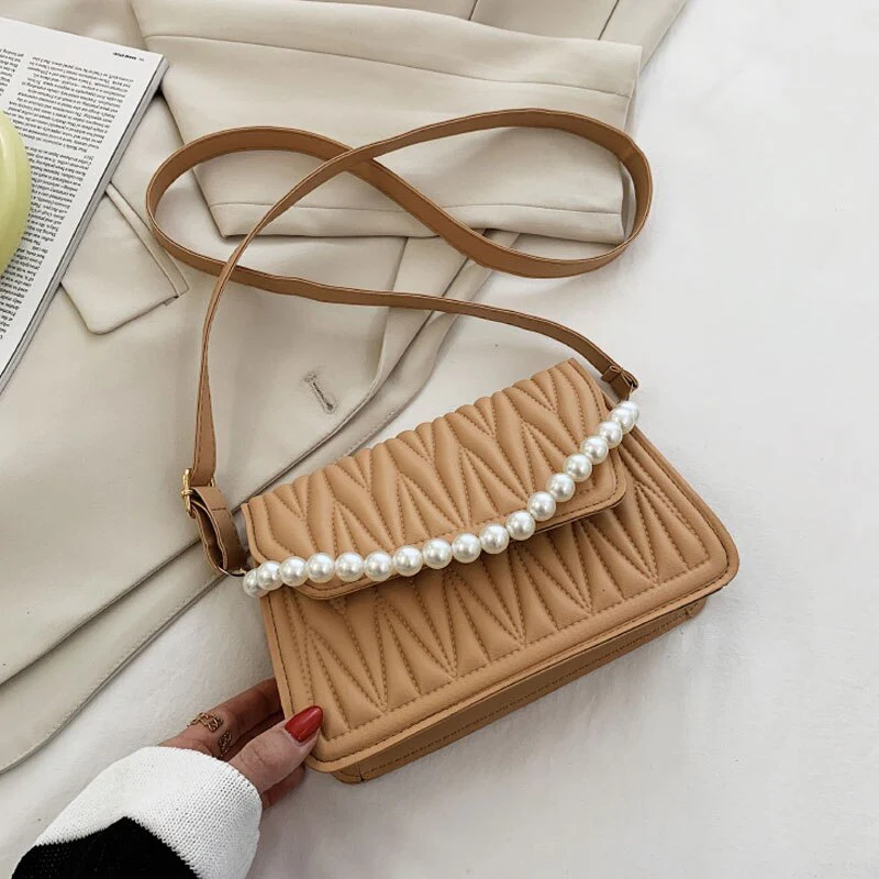 deanwangkt BACK TO COLLEGE    Pearl Chain Strap Handbags For Women Designer Pu Leather Shoulder Bag Plaid Simple Female Crossbody Bag Small Square Bag - Deanwangkt