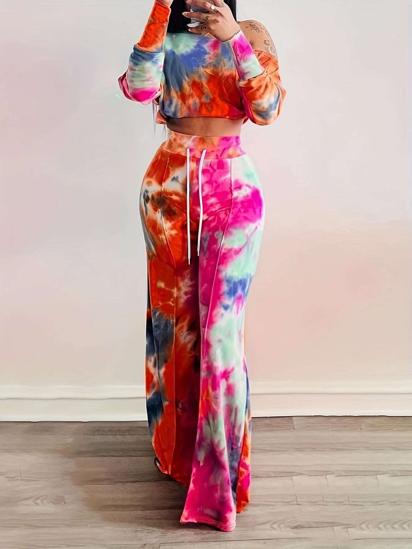Casual Tie Dye Two-piece Set, Long Sleeve Crop Top & Drawstring Wide Leg Pants Outfits, Women's Clothing - Deanwangkt