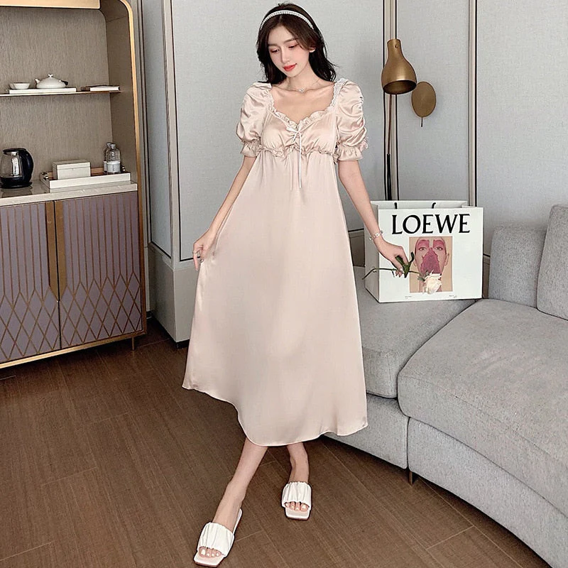 Female Nightgown Elegant Palace Style Princess Long Nightgown Sleepwear Summer Short Sleeve Sleepshirt Satin Silk Home Dress - Deanwangkt