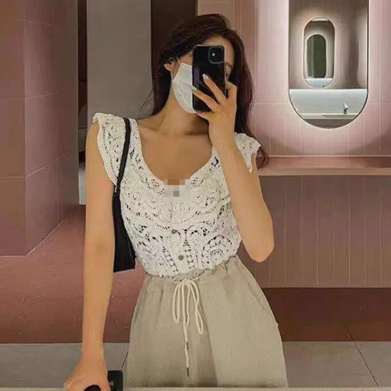 deanwangkt Tank Tops Hollow Out Students Designer Fashion Kawaii Elegant Solid Daily Knitting Korean Style Comfortable Leisure Special New - Deanwangkt