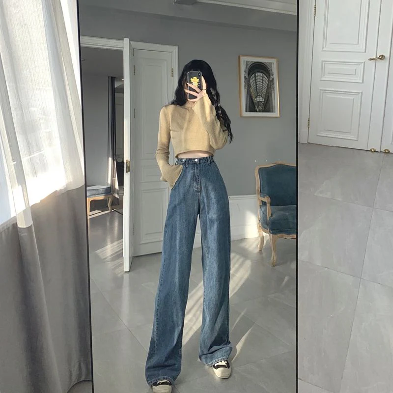 New Light Blue Jeans For Women Washed Retro High Waist Straight Long Loose Wide Leg Jeans Women trousers streetwear pants - Deanwangkt