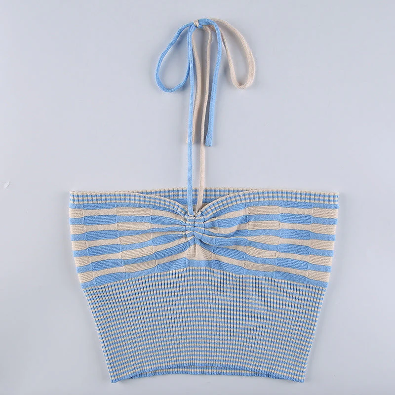 deanwangkt Forefair Halter Neck Knit Sexy Crop Top Women Bandage Backless Summer Off Shoulder Sleeveless Blue Top Tanks Casual - Deanwangkt