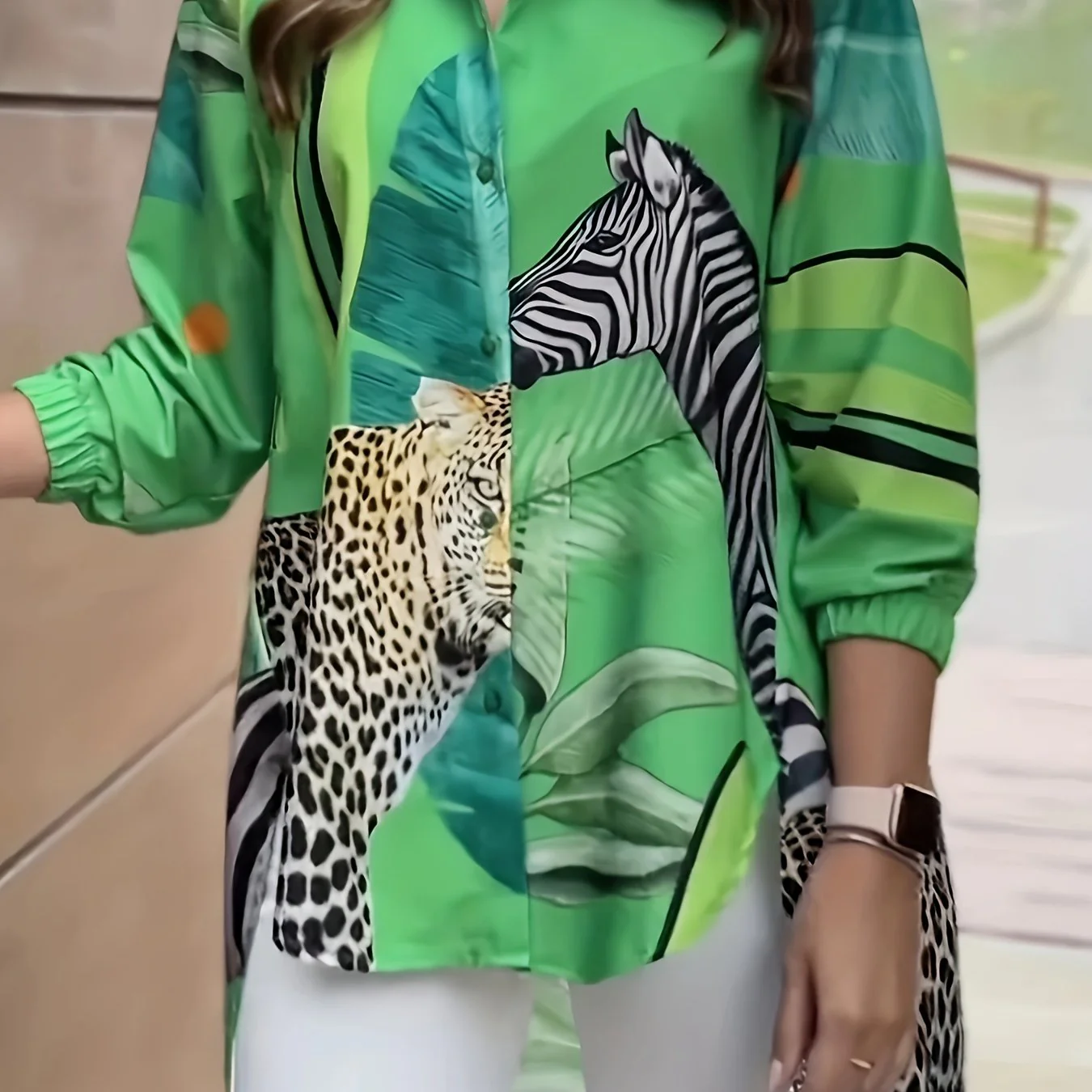 Plus Size Casual Blouse, Women's Plus Animal Print Colorblock Long Sleeve Lapel Collar Asymmetric Hem Shirt Top - Deanwangkt