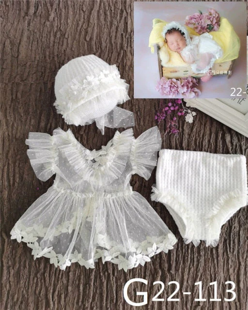 deanwangkt 0-3Month Baby Newborn Photography Props Baby Hat Baby Girl Lace Romper Bodysuits Outfit  Photography Clothing - Deanwangkt