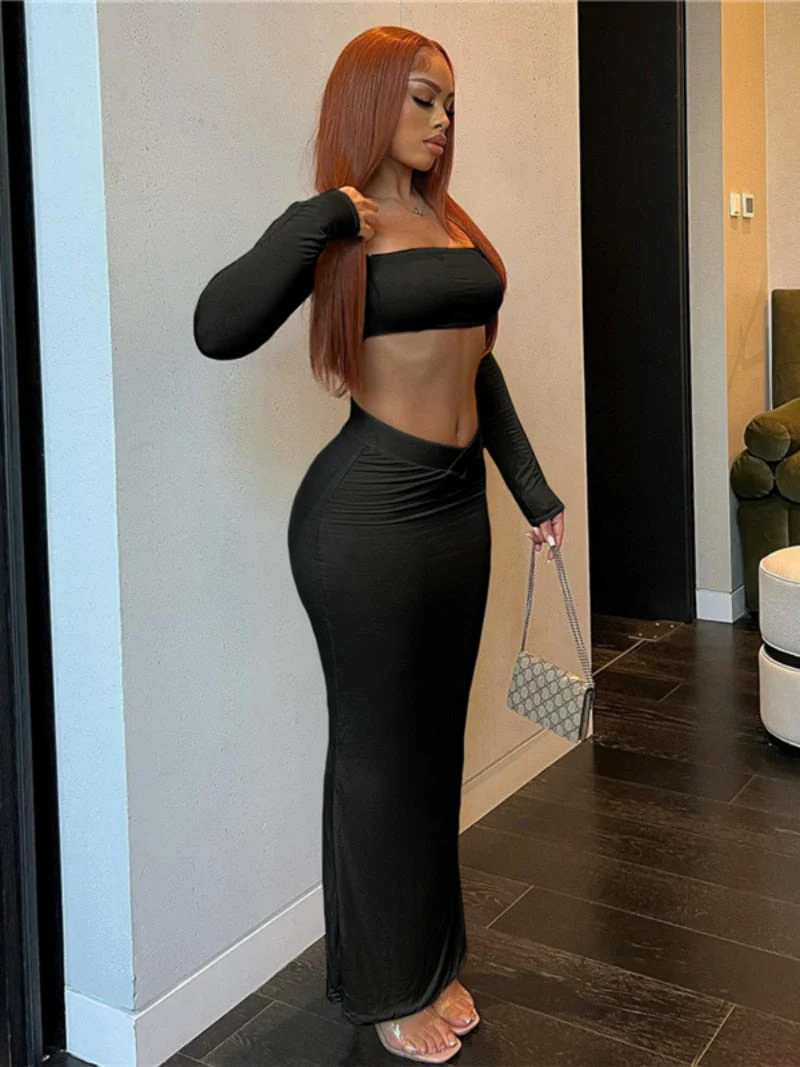 BACK TO COLLEGE    Fashion Women's 2 Piece Set Square Collar Long Sleeve Cropped T-shirt Low Waist Skirts Night Club Outfit Party Dress Suit Black - Deanwangkt