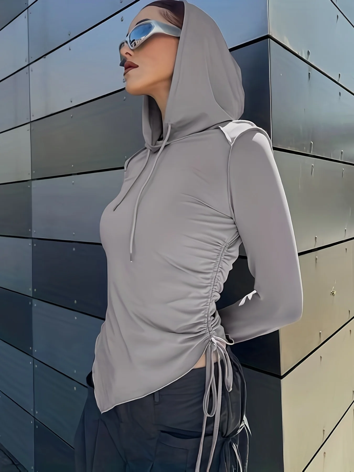 deanwangkt  Solid Irregular Hem Drawstring Hoodie, Casual Long Sleeve Hooded Sweatshirt, Women's Clothing - Deanwangkt