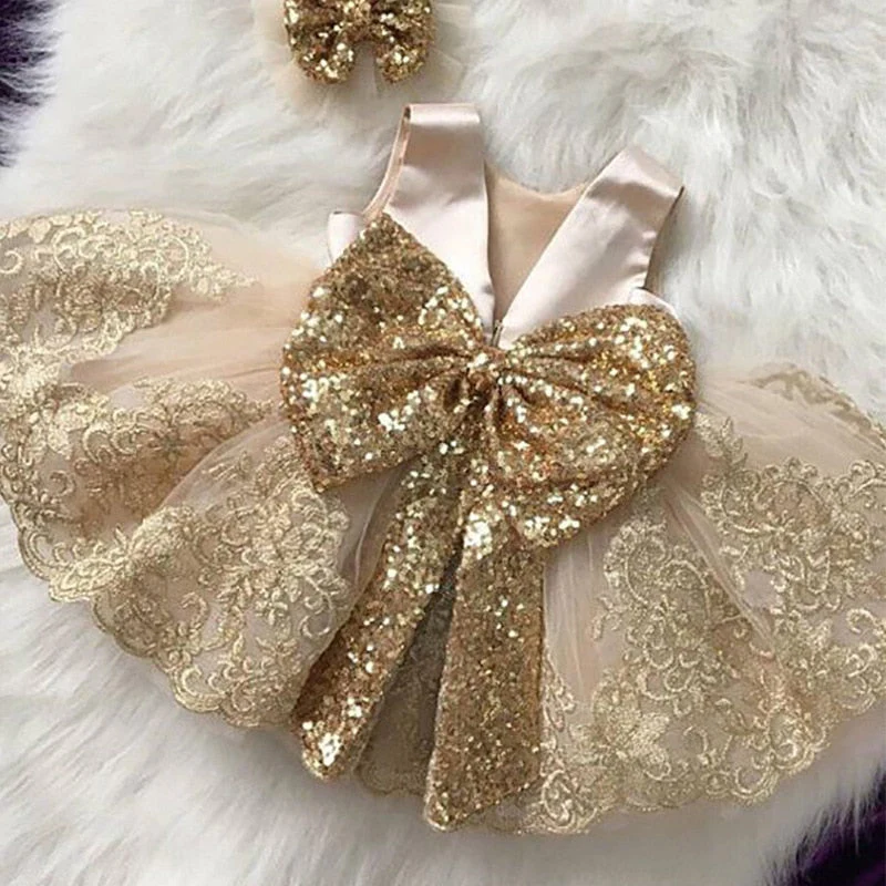 Summer Sequin Big Bow Baby Girl Dress 1st Birthday Party Wedding Dress For Girl Palace Princess Evening Dresses Kid Clothes - Deanwangkt