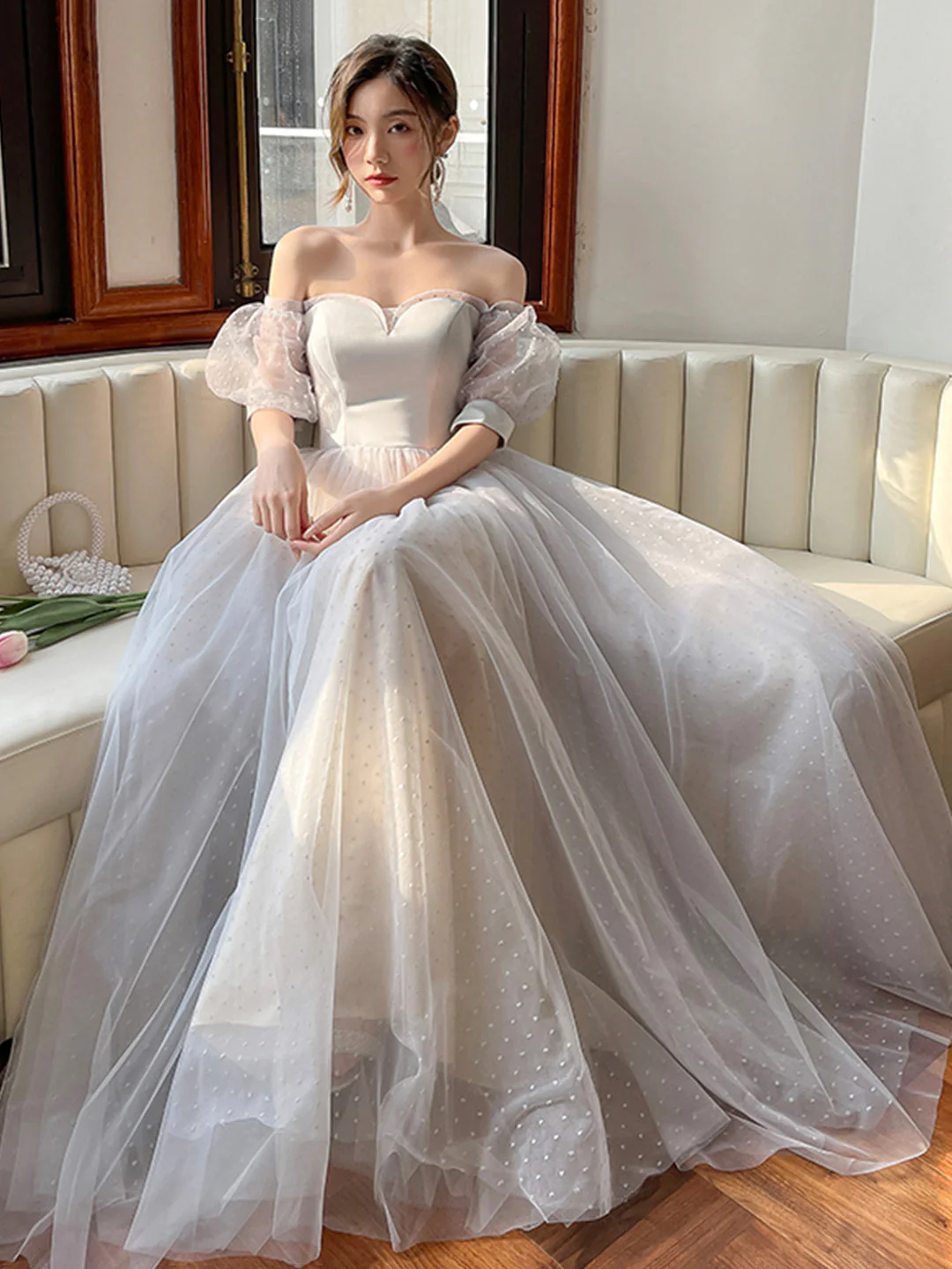 solvbao Gray Strapless Tulle Long Prom Dress, Lovely A-Line Evening Dress - Deanwangkt