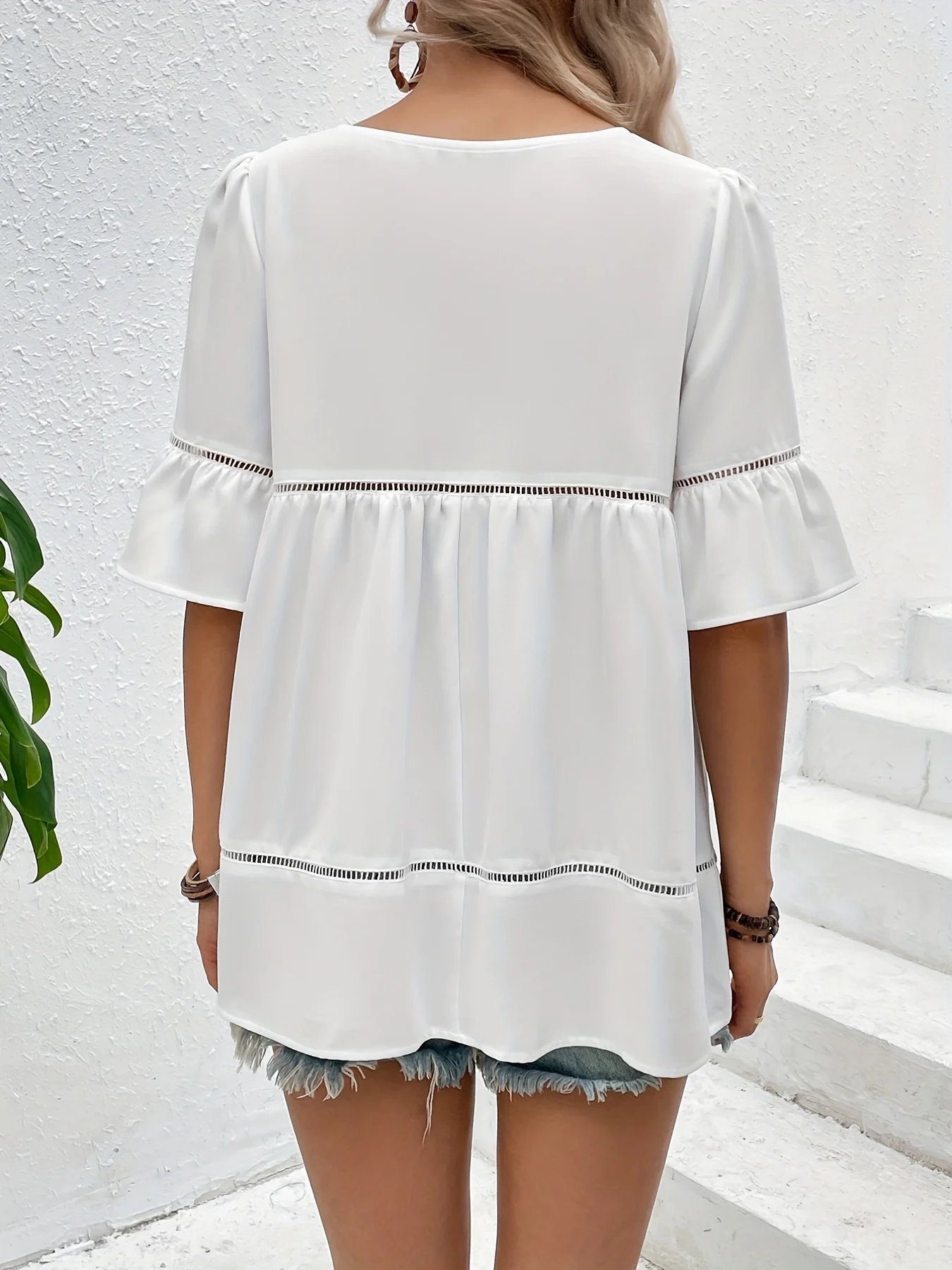 Solid Ruffle Trim Blouse, Vacation Cut Out Crew Neck Summer Blouse, Women's Clothing - Deanwangkt