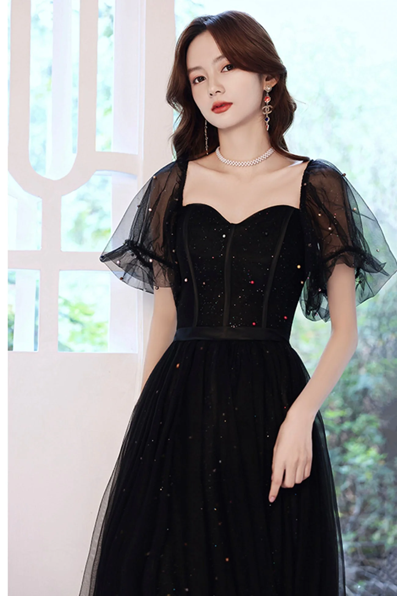 solvbao Black Tulle Long A-Line Prom Dress, Black Party Dress with Sequins - Deanwangkt