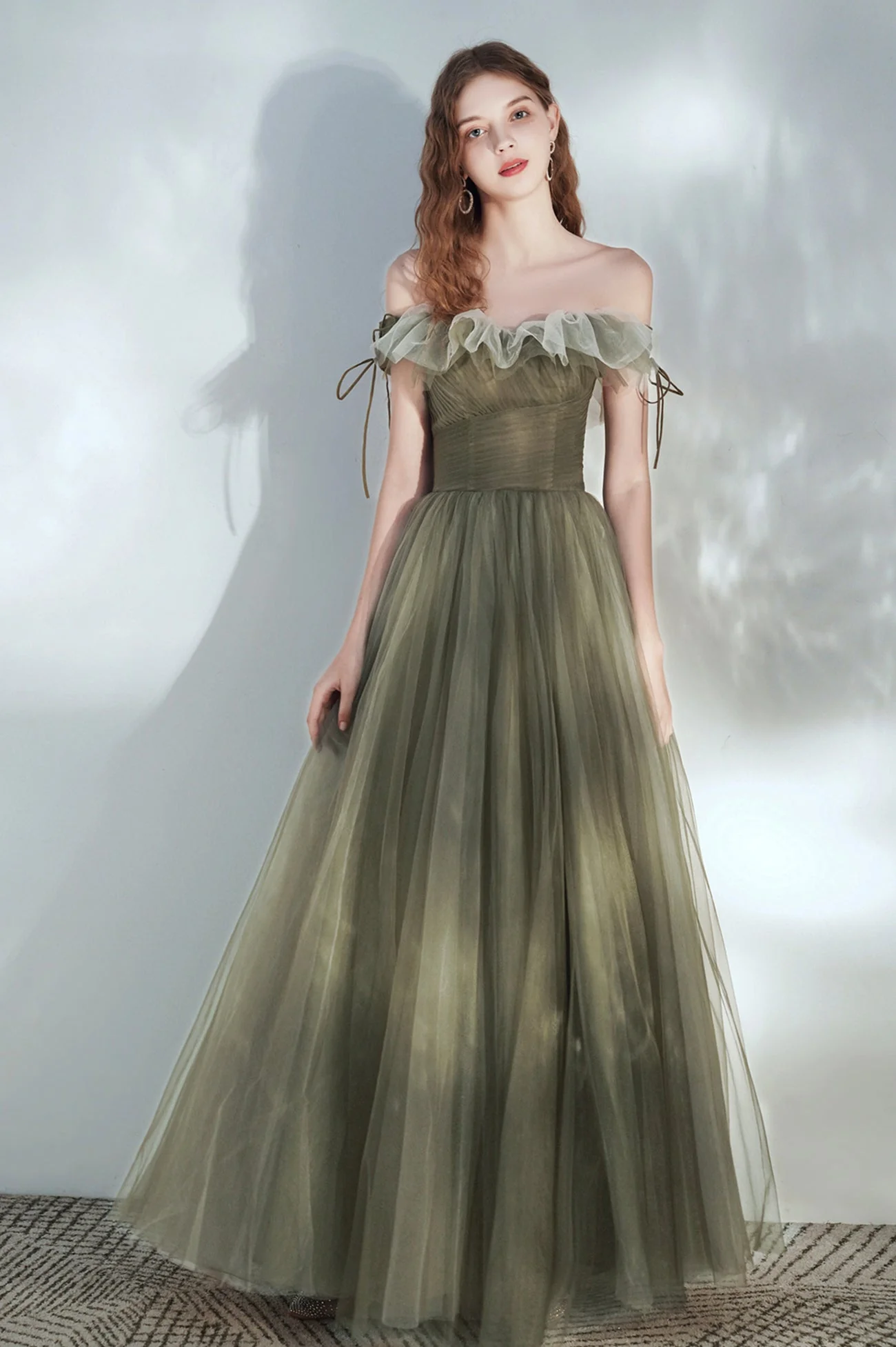 solvbao Green Tulle Long Prom Dress, A-Line Off the Shoulder Evening Dress - Deanwangkt