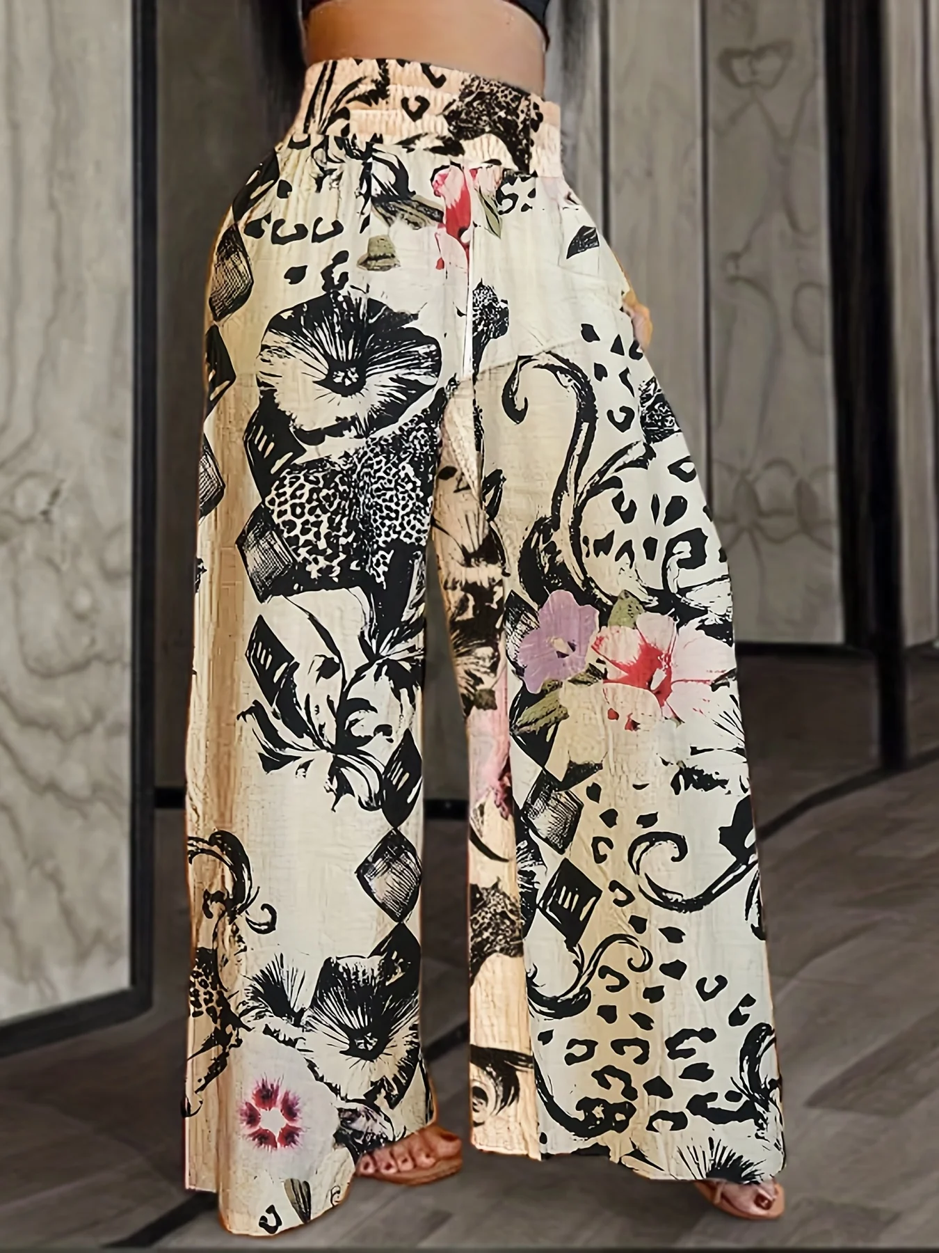 Plus Size Casual Pants, Women's Plus Abstract Figure Print High Waist Wide Leg Loose Pants - Deanwangkt