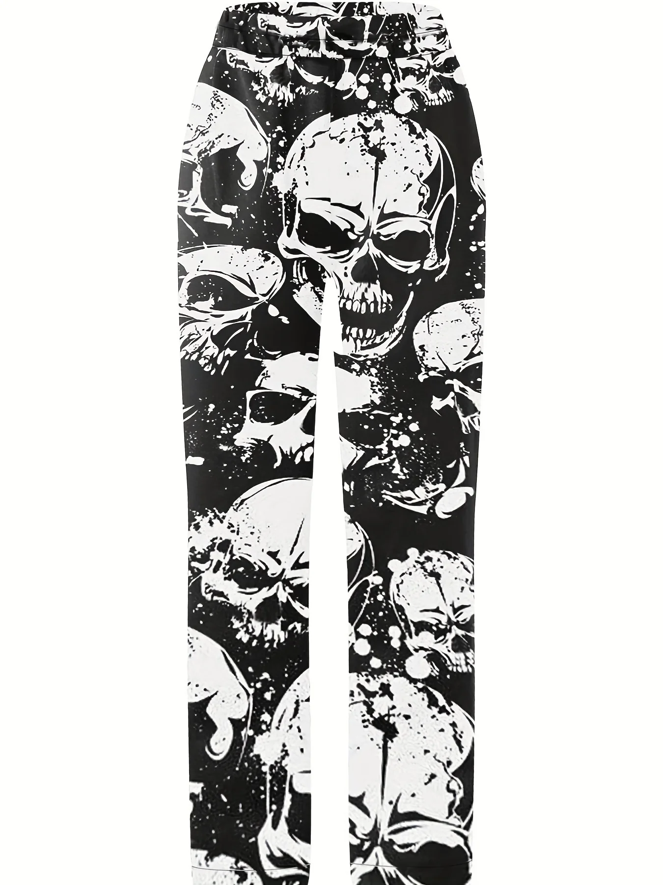 Plus Size Halloween Goth Pants, Women's Plus Allover Skull Print Elastic High Rise Slight Stretch Straight Leg Trousers - Deanwangkt