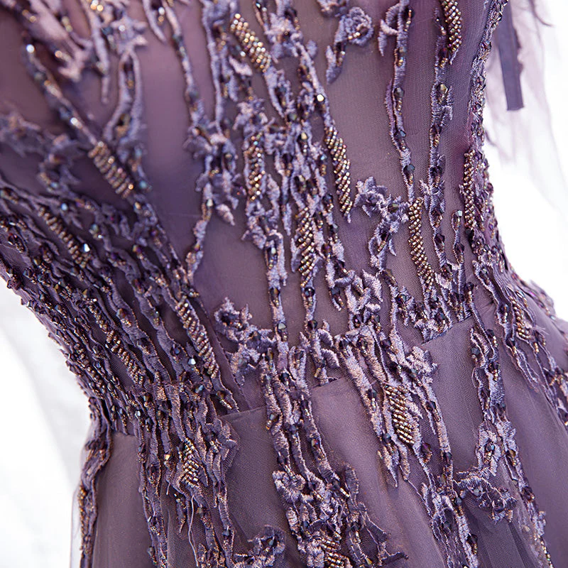 Solvbao Dark Purple V-neckline Lace Beaded Long Prom Dress, A-line Tulle Evening Dress - Deanwangkt