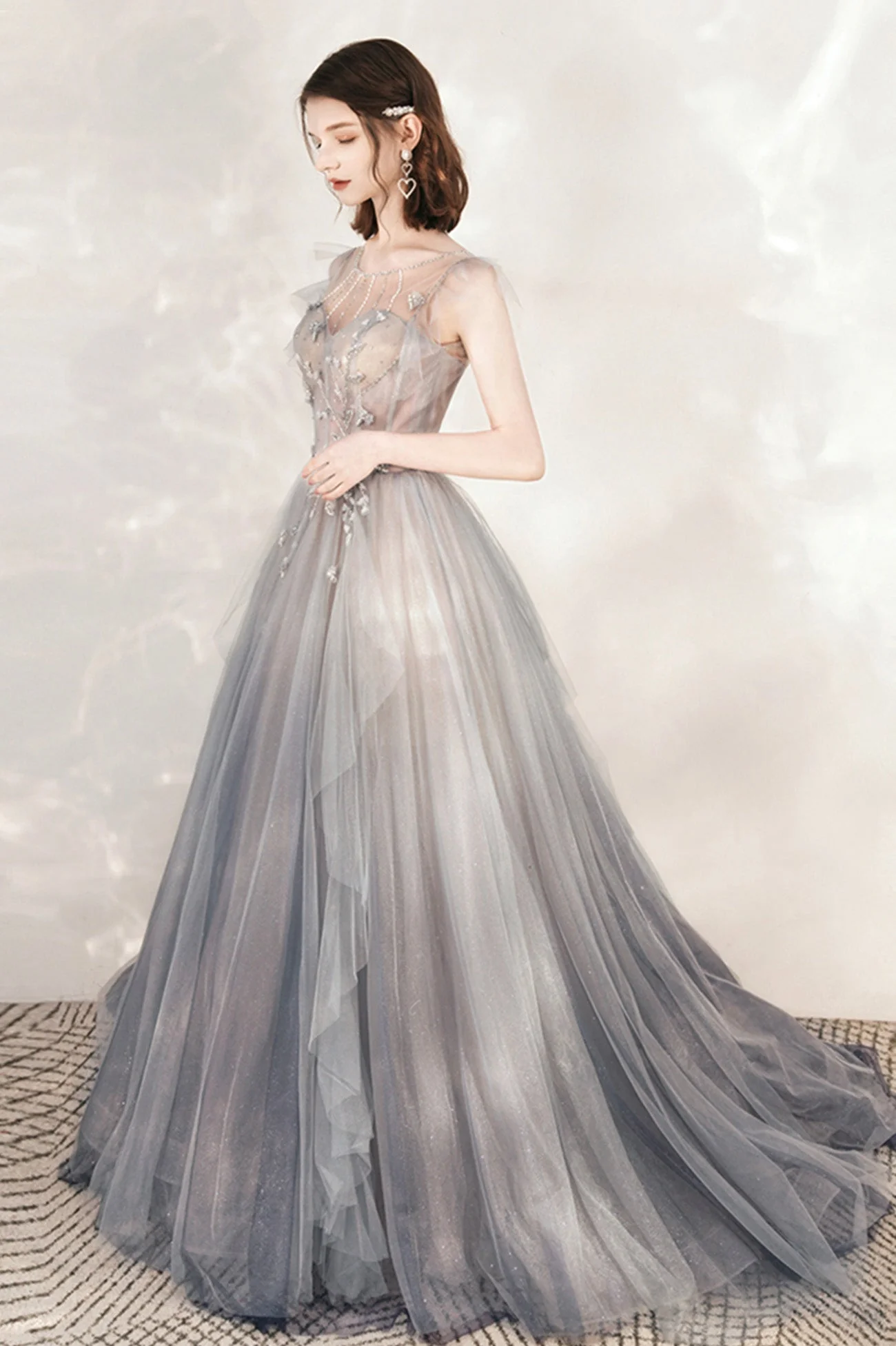 solvbao Gray Tulle Beading Long Prom Dresses, A-Line Scoop Neckline Evening Dresses - Deanwangkt
