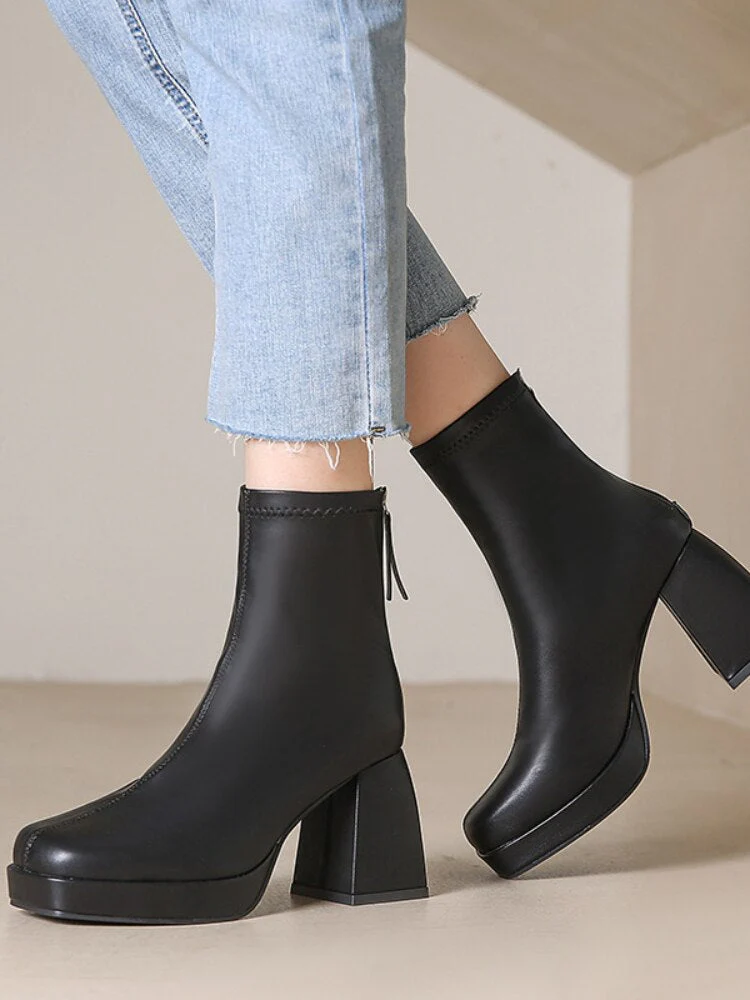 deanwangkt New Autumn Winter Leather Short Boots Women Square High Heel Women Shoes Zipper All Match Ankle Boot Female Platform Shoes - Deanwangkt