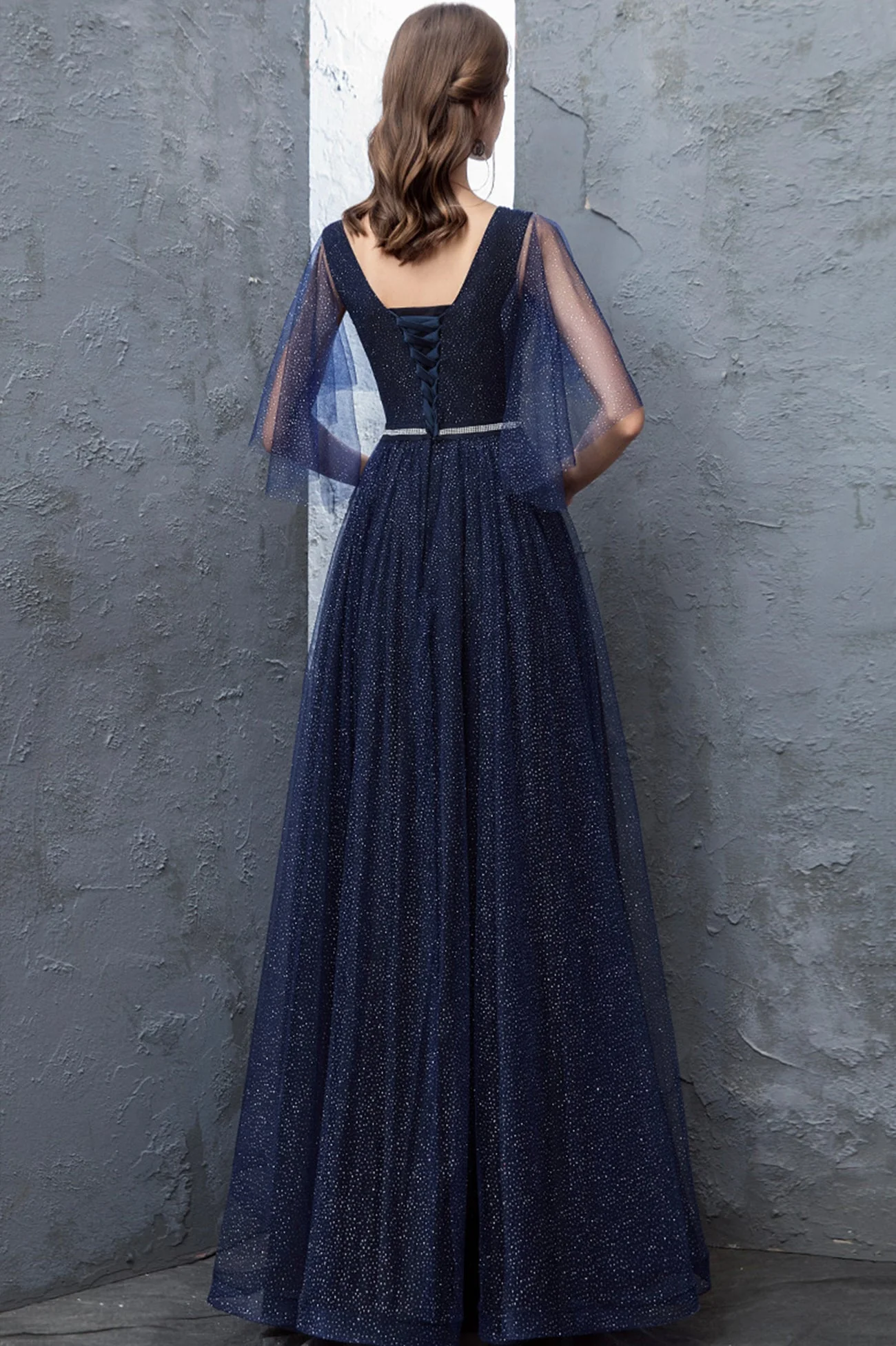 solvbao Blue V-Neck Tulle Long Prom Dresses, A-Line Evening Dresses - Deanwangkt