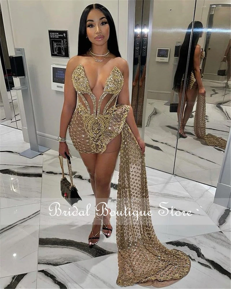 DEANWANGKT New Fashion Sweetheart See Through Gold Sequin Beading Sparkly African Black Girls Short Prom Dresses - Deanwangkt