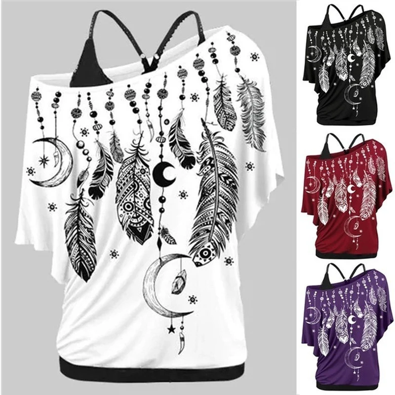 deanwangkt Women Shirts Blouses Summer  Feather Print One Shoulder Top Casual Ladies Sexy Tops Skew Neck Shirts Blouse - Deanwangkt