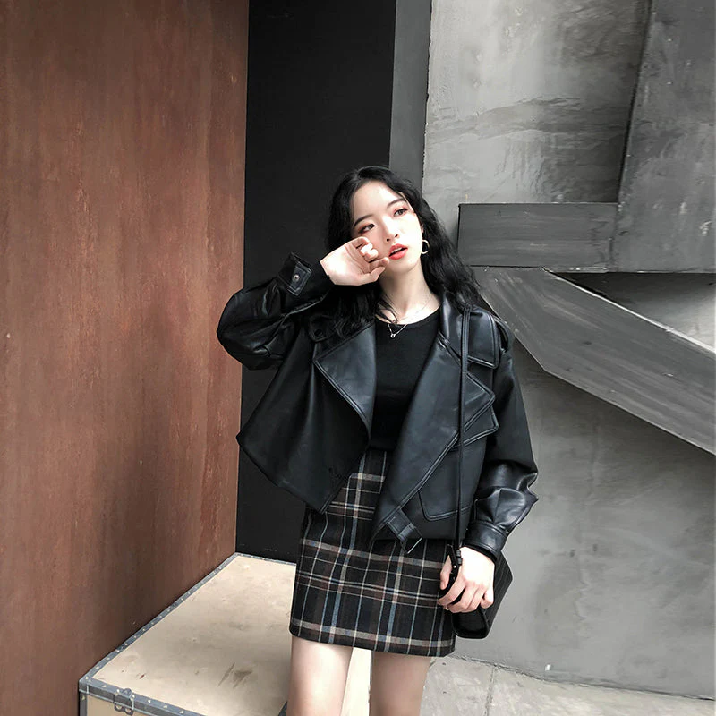 deanwangkt New Spring Women Faux Leather Jacket Biker Red White Coat Turndown Collar PU Motorcycle Jackets Loose Streetwear Outerwear - Deanwangkt