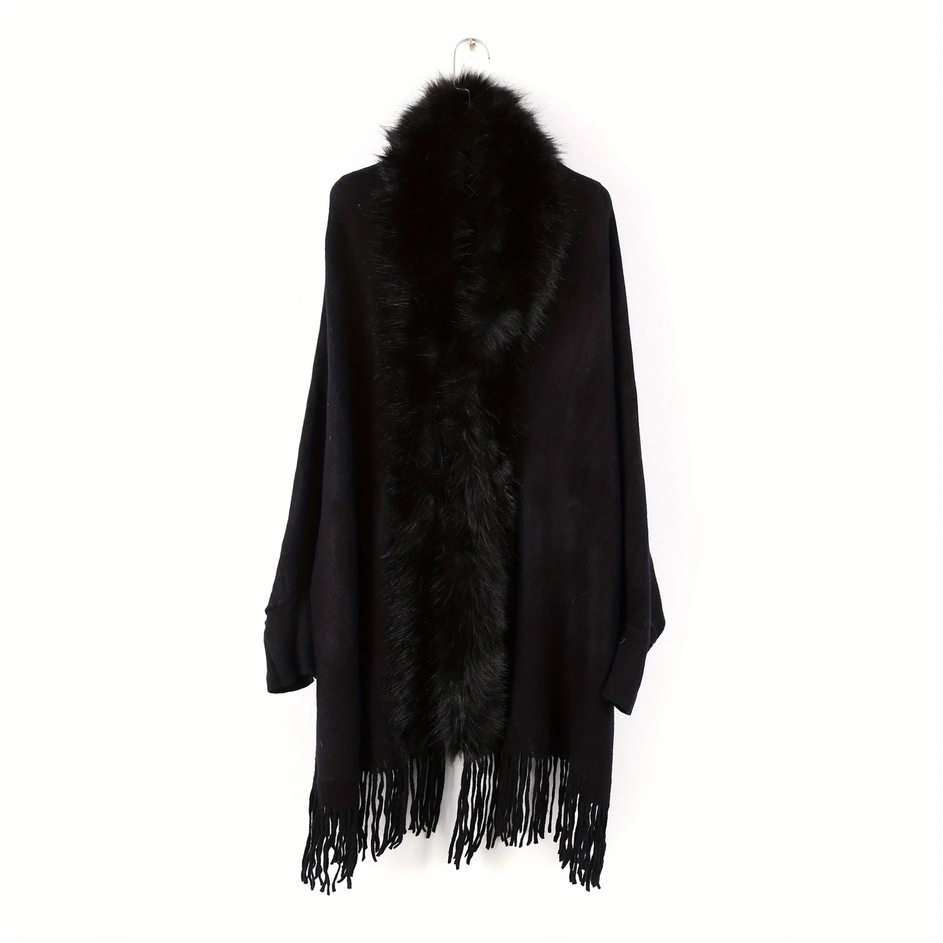 Solid Color Faux Fur Thick Shawl Wrap With Sleeves Elegant Loose Large Tassel Cardigan Autumn Winter Stylish Ladies Cloak - Deanwangkt