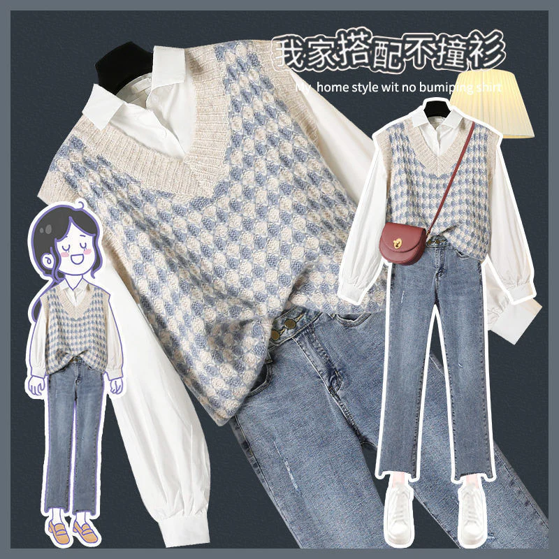 deanwangkt Women Sets 3 Pieces Outfits Elegant Fashion Office Ladies Simple All-Match Shirt Retro Knitted Vest Straight Jeans Schoolgirls - Deanwangkt