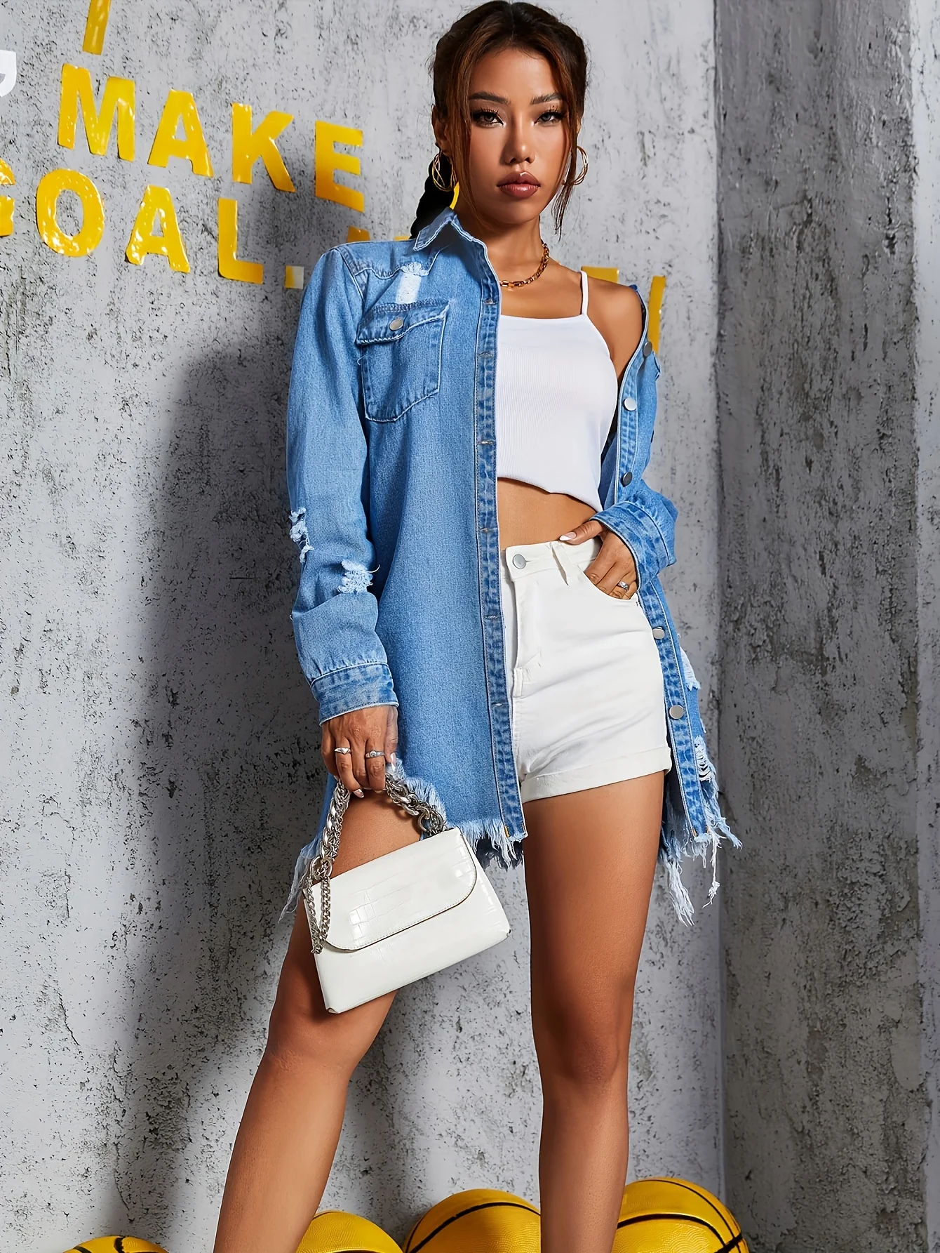 deanwangkt-1  Blue Ripped Holes Denim Jackets, Frayed Hem Long Sleeves Non-Stretch Casual Denim Coats, Women's Denim Clothing - Deanwangkt